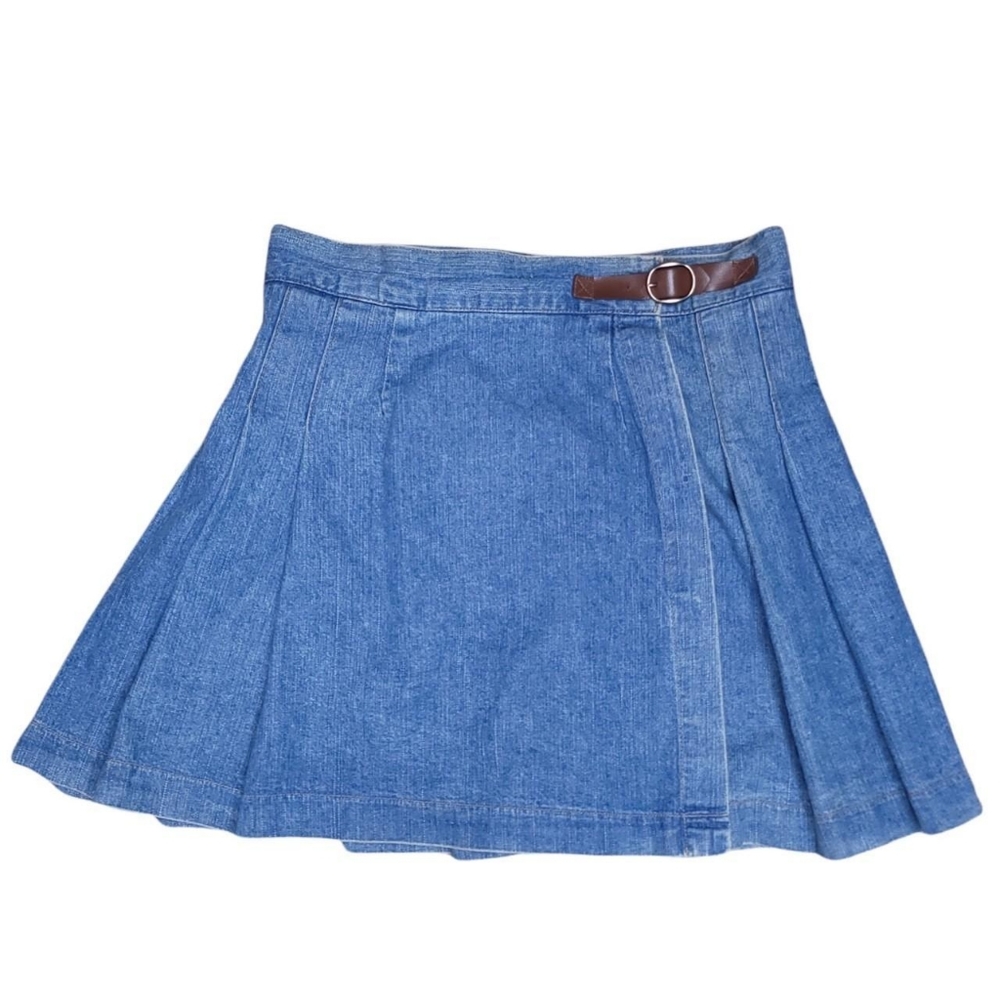 Vintage 90s guess usa light blue denim jean brown buckle pleated mini skirt